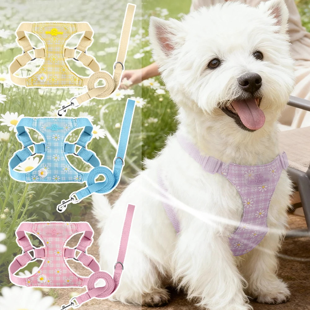 

New Daisy Print Harness Leash Set for Dogs Cats, Adjustable Soft Pet Vest with Multi-Color Flower Design, No Pull Reflective