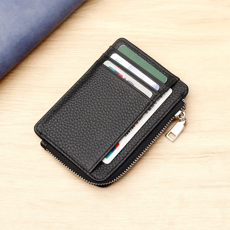 Genuine Leather Ultra-Thin Card Holder Wallet Slim RFID Blocking Zipper Coin Purse with Clear ID Window Small Pocket Organizer