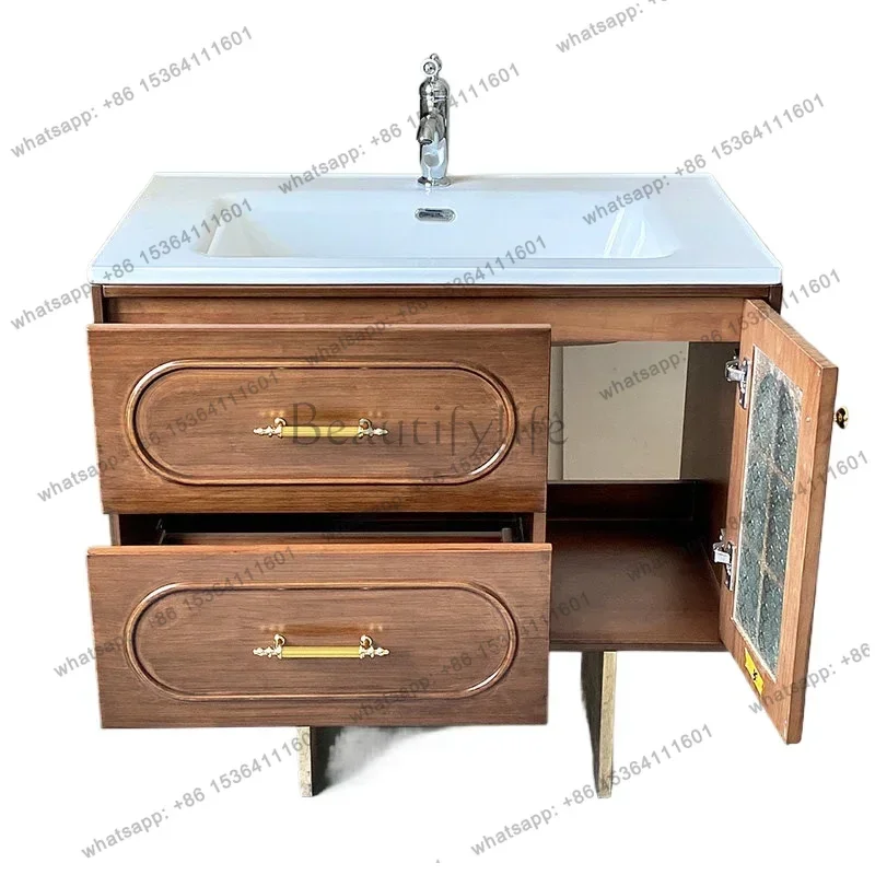 French retro style bathroom cabinet combination bathroom rock slab seamless hot bending washstand ceramic integrated
