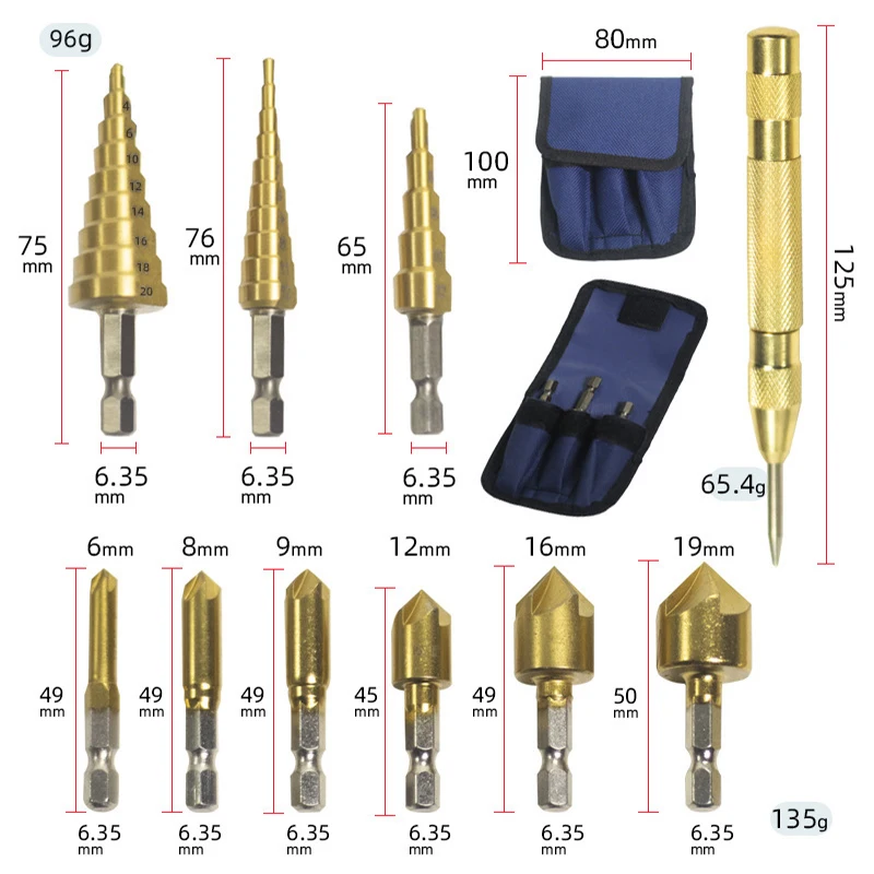 

10pcs set of five blade chamfering tool woodworking drill step gold punch pagoda titaniumplated gold series