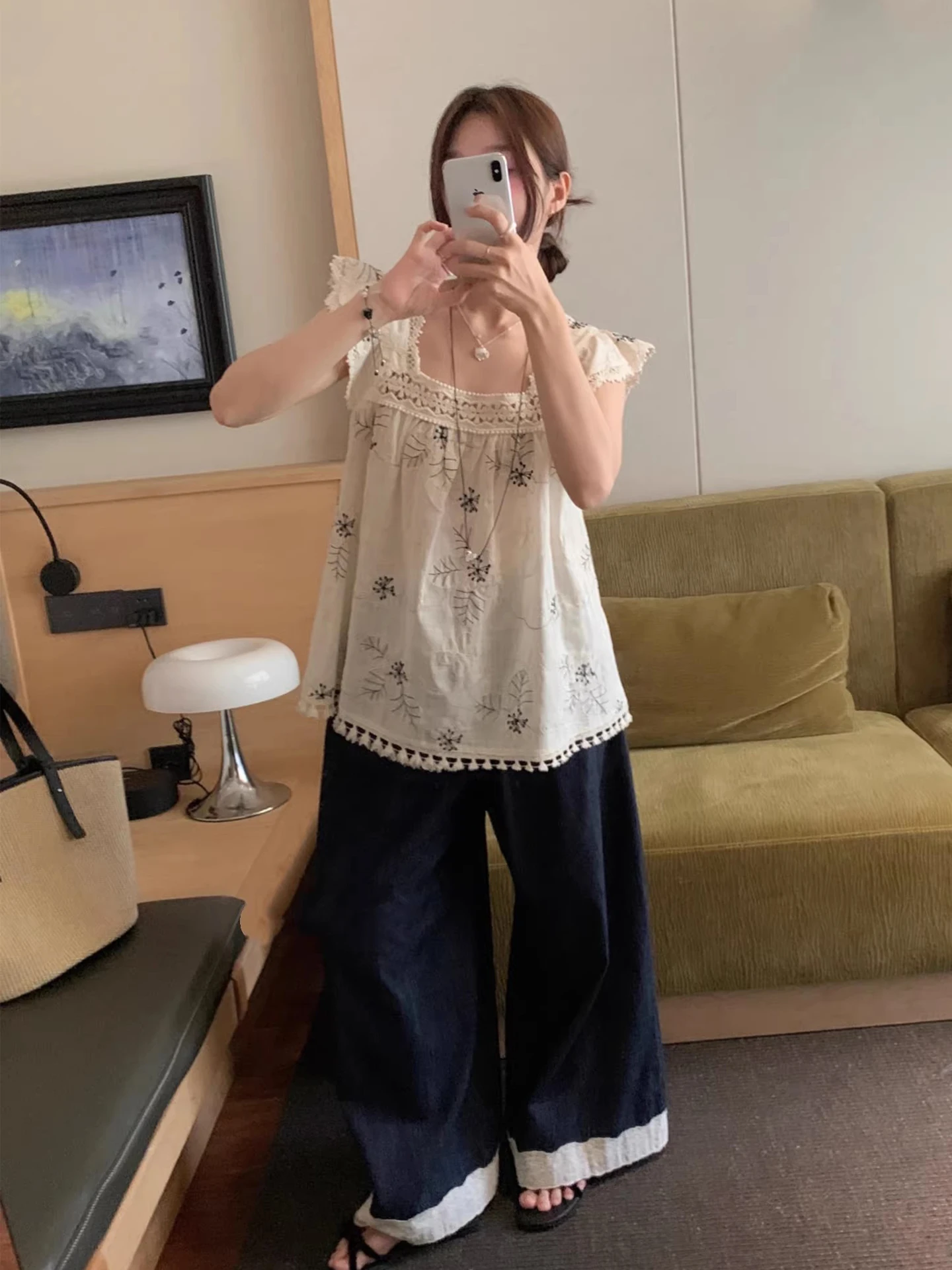 

Fashionable Embroidered Ruffle Sleeve Shirt And High Waist Wide Leg Pants Two Piece Set for Women Summer New Arrival