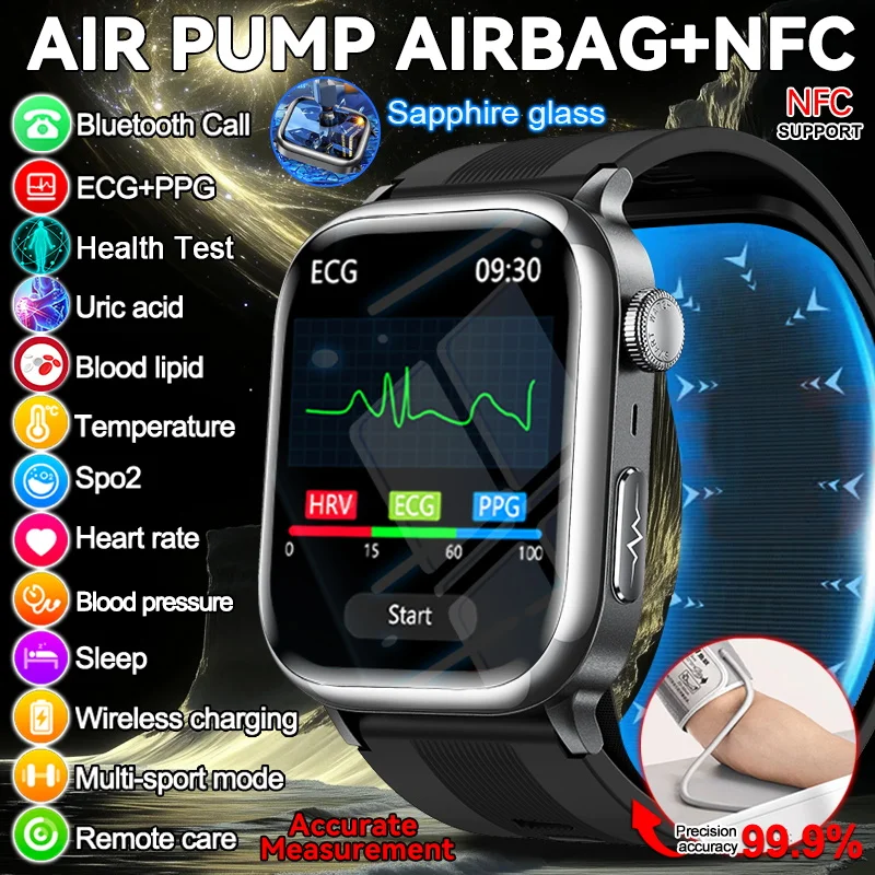 

New Air Pump airbag Accurate MeasureThree highs Smartwatch Blood Pressure Lipids Uric acid Bluetooth Call ECG+HRV+NFC SmartWatch