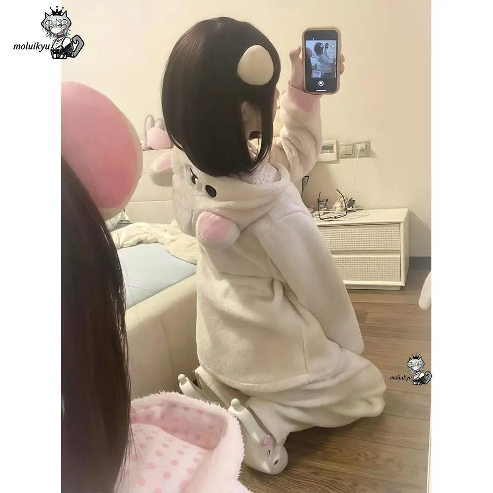 Cute Bear Women Fleece Pajama Set 3D Bear Ear Hood Zip Up Coral Fleece Sleepwear Kawaii Cartoon Warm Winter Loungewear Home Suit
