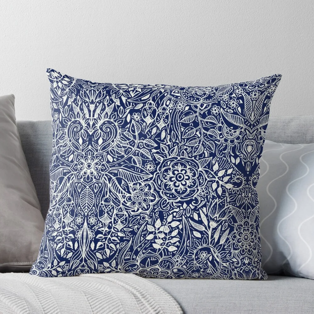 

Detailed Floral Pattern in White on Navy Throw Pillow Cushions Cushions Cover Cushions For Sofa