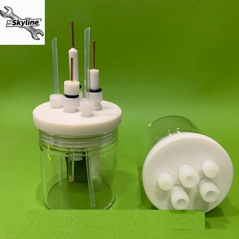 C001 Sealed Electrolytic Cell for 3-Electrode Electrochemistry, Straight 5-Port Design, PTFE Cap with Gas Inlet/Outlet, 10-500mL