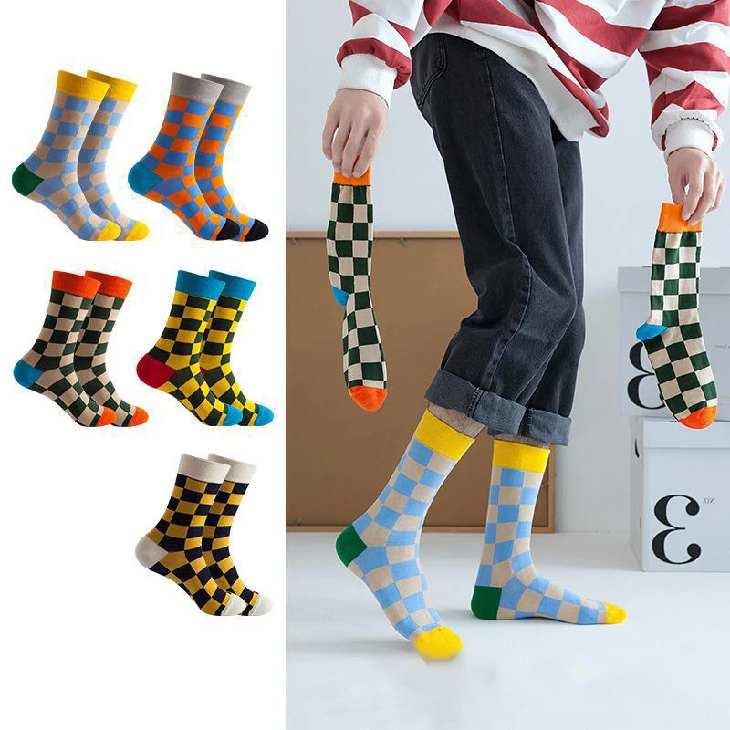 

5 Pairs Women's Stockings Set Plaid Personalized Fashionable Versatile Mid Tube Socks Comfortable Breathable Soft Cotton Socks