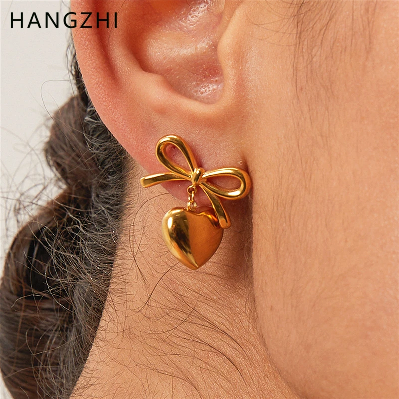 HangZhi 2024 New Heart Bow Drop Earring Party Sweet Fashion Gold Sliver Color Bowknot Pendant Jewelry Gift for Women image 2