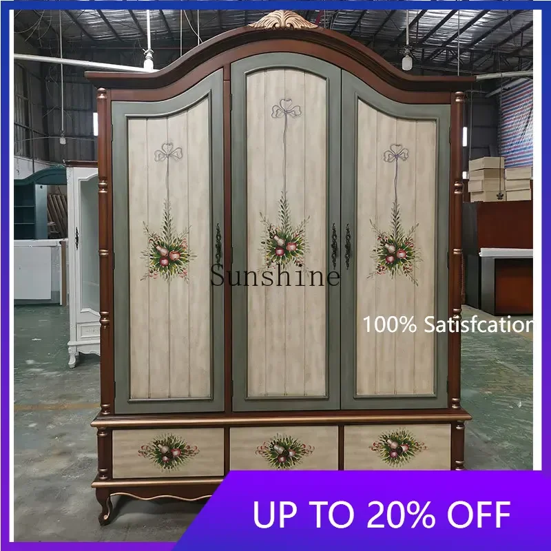 

American country three-door bedroom hanging wardrobe double door painted large wardrobe with drawers pastoral