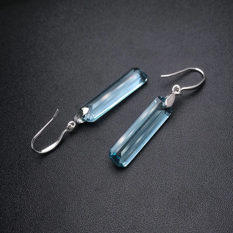 CSJ Elegant Aquamarine Dangle Earring Sterling 925 Silver Topaz Quartz Gemstone 9*23mm for Women Birthday Party Jewelry Gift