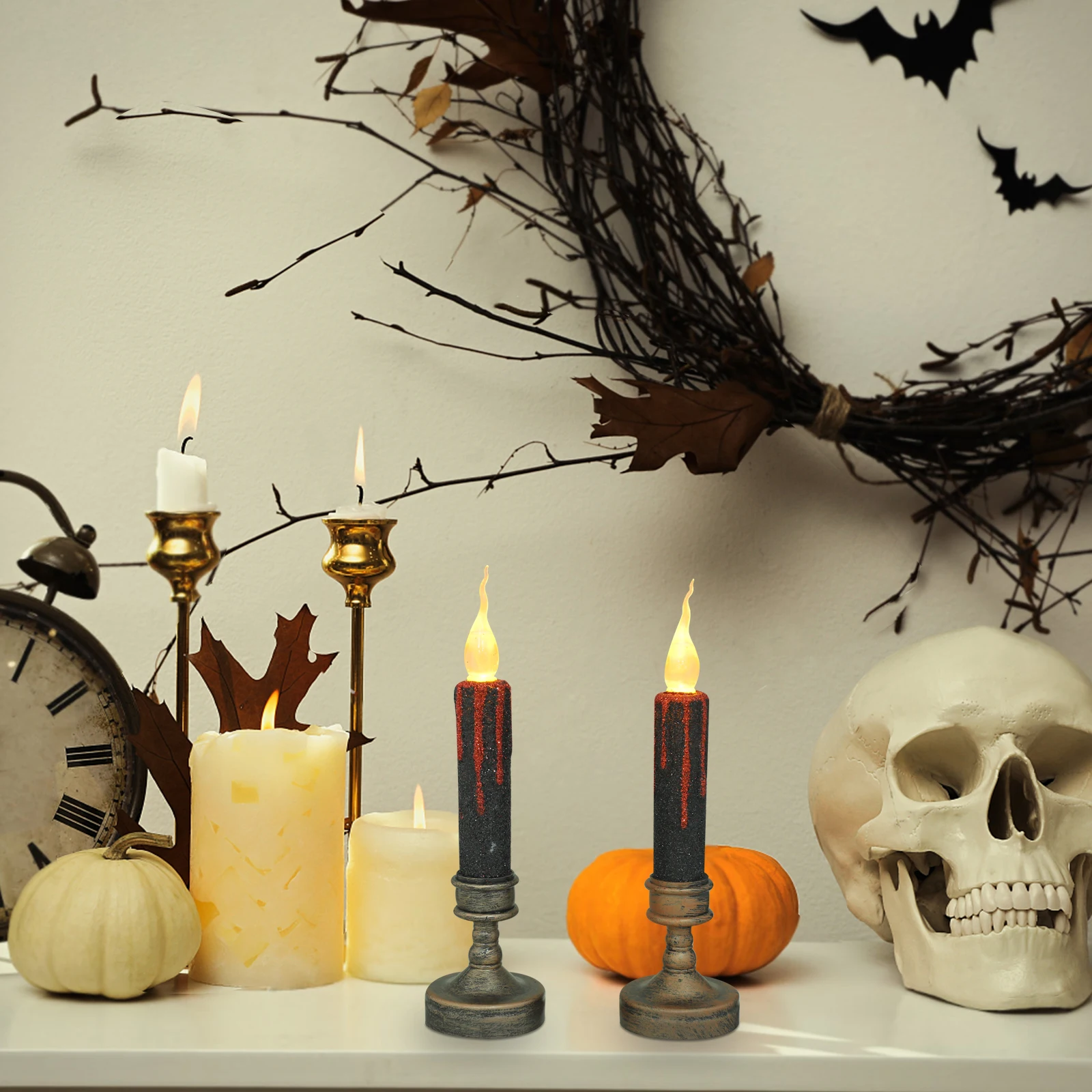 قطعتان من شموع الشمع LED عديمة اللهب، ضوء أصفر وامض، شمع مزيف واقعي، شكل ممزق، ضوء ليلي للهالوين #3