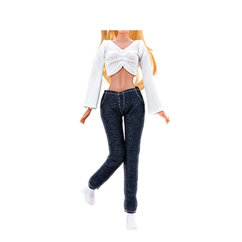 Nieuwe Pop Outfit Voor Barbie 1/6 Bjd Pop Zwart Shirt + Lange Spijkerbroek Casual Kleding Voor Barbie Pop Accessoires Speelgoed