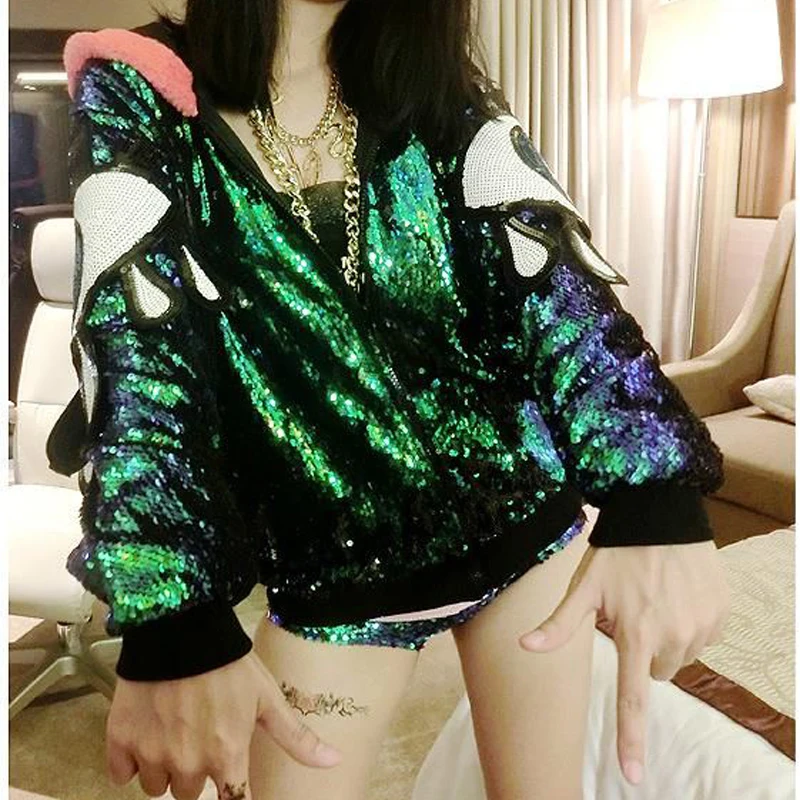 Autumn Winter Sequin Jackets Women Glitter Hooded Outfits Outerwear Singer Dancer Performance Costume Nightclub