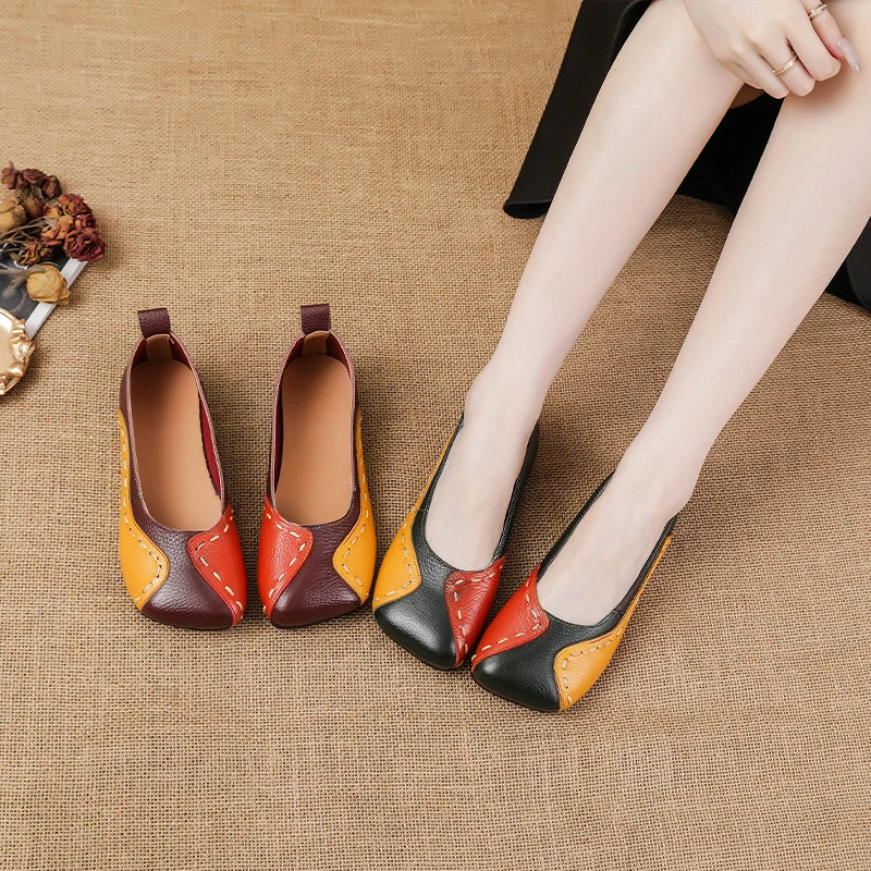 New square toe luxury flats women's shoes 2024 calf leather loafers ladies patches shallow shoes mom ballet flats woman moccasin