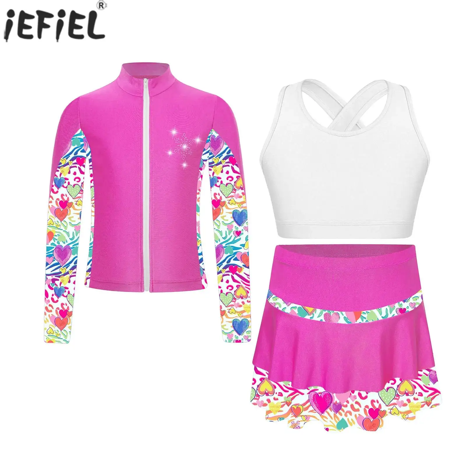 Kids Girls Figure Skating Dance Gymnastics Performance Costume Long Sleeve Rhinestone Jacket with Skirt Vest Sports Workout Set