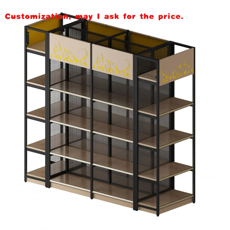 custom.Double-sided Supermarket Wooden Display Shelves Snacks Cosmetics Display Convenience Store Retail Display Stand Retail Sh