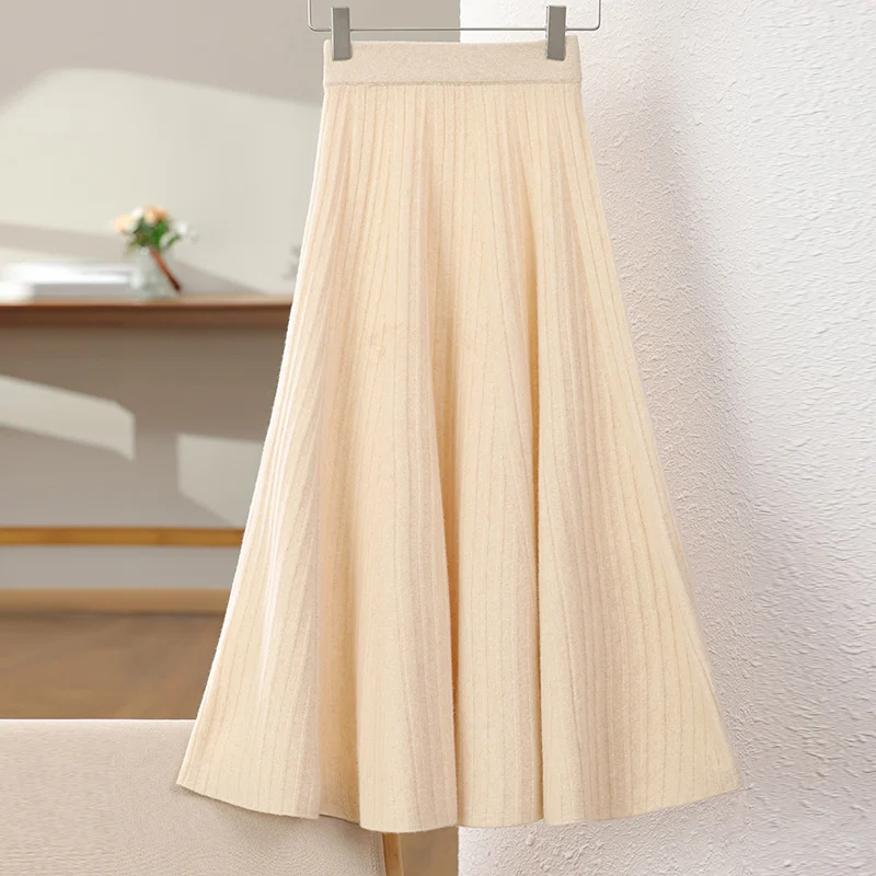 ATTYYWS  100% Australian wool women's skirt solid color loose knit trend autumn and winter long women's wool skirt new product