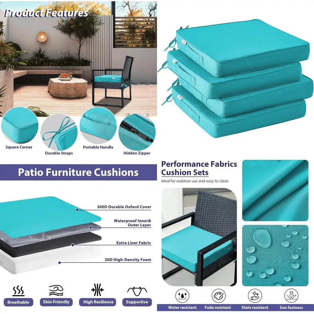 

Set of 4 Waterproof Patio Chair Cushions, 19x19x3 Square Seat Pads with Handle & Ties, Teal