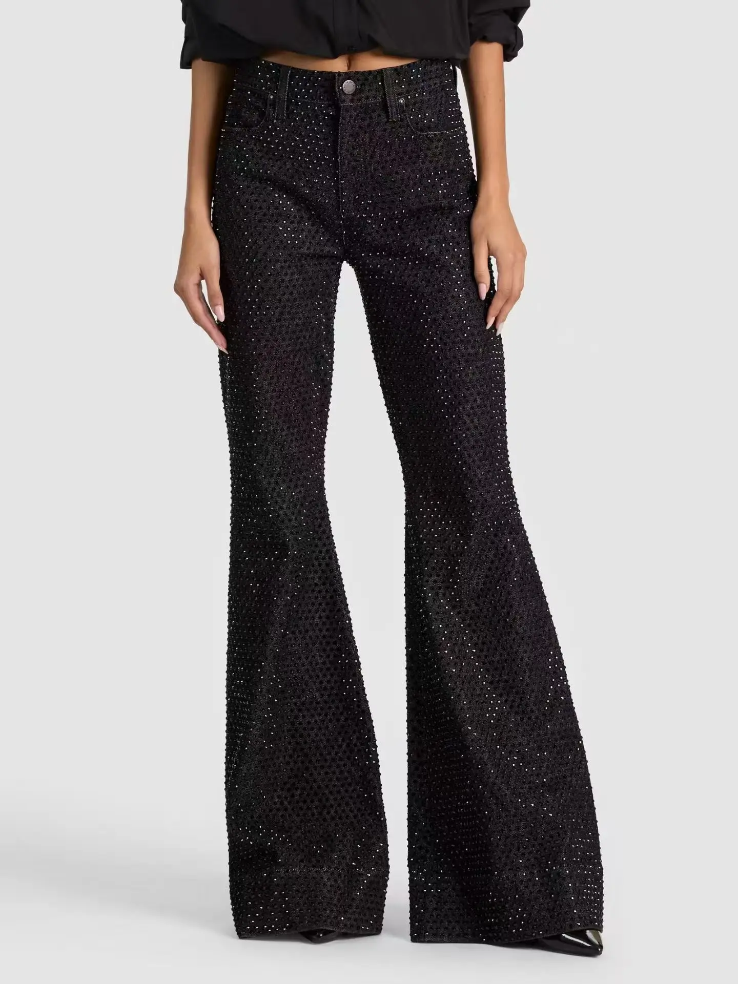 Women's Rhinestone Flare Pants High Waist Solid Color Fashion Slim Long Trousers
