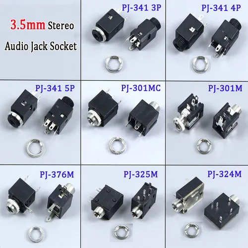 2/5/10 Uds PJ324 PJ325 PJ301 PJ376 PJ341 3/4/5Pin 3,5mm conector de Audio estéreo montaje en Panel PCB para auriculares con tuerca