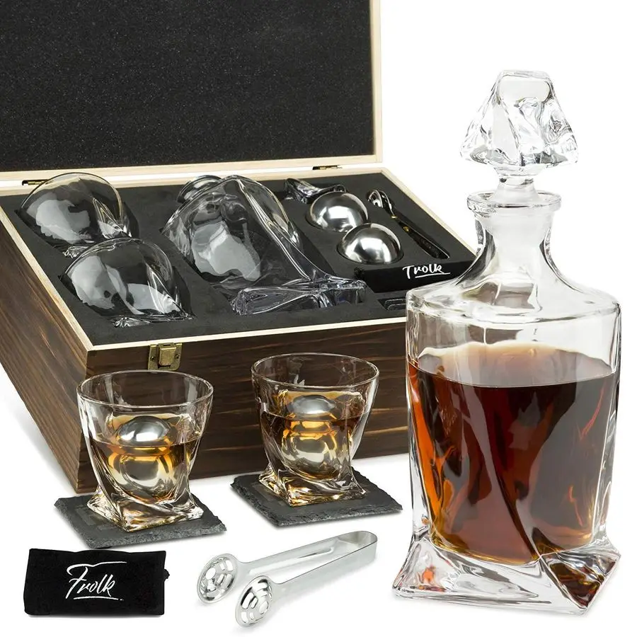 Decantador de regalo para hombre, decantador Bourbon retorcido, 2 vasos, 2 bolas de piedras de whisky de acero inoxidable XL, 2 posavasos de pizarra, Speci