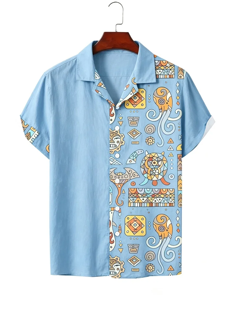 Men's Cuban Collar Asymmetrical Splicing Short Sleeved Shirt Maya Tribe Totem Marine Creature Print Vacation Shirt