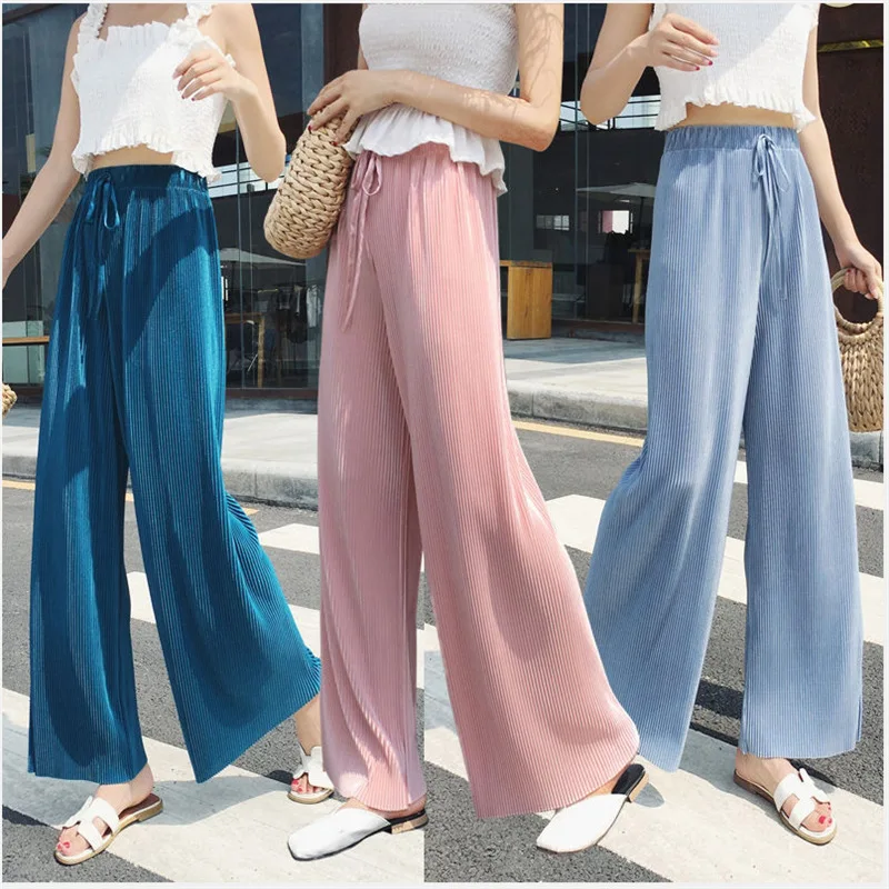 

Fashion Thin Solid Wide Leg Pants for Women's Spring Summer New Drape Ice Silk Mid Waist Chiffon Casual Bandage Cropped Trousers