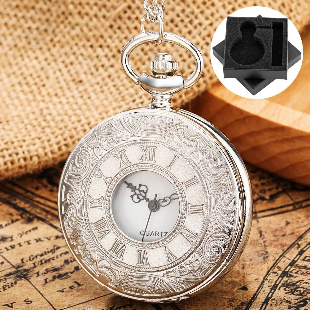Vintage Elegant Silver Hollow Quartz Pocket Watch White/Black Dial Necklace Pendant Clock Fob Chain Timepiece Gift Men Women