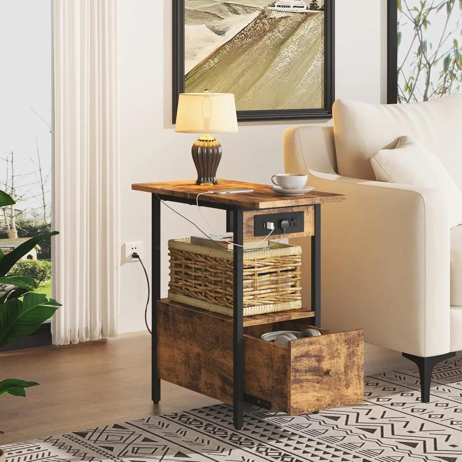 طاولة نهاية الشحن الضيقة، مع منافذ ومنافذ USB بالإضافة إلى درج، لغرفة النوم ذات المساحات الصغيرة #4
