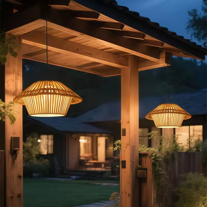 Solar Outdoor Pendant Light USB Rechargeable Bamboo Rattan Lantern IP65 Waterproof Garden Decor Lamp for Gazebo Patio Backyard