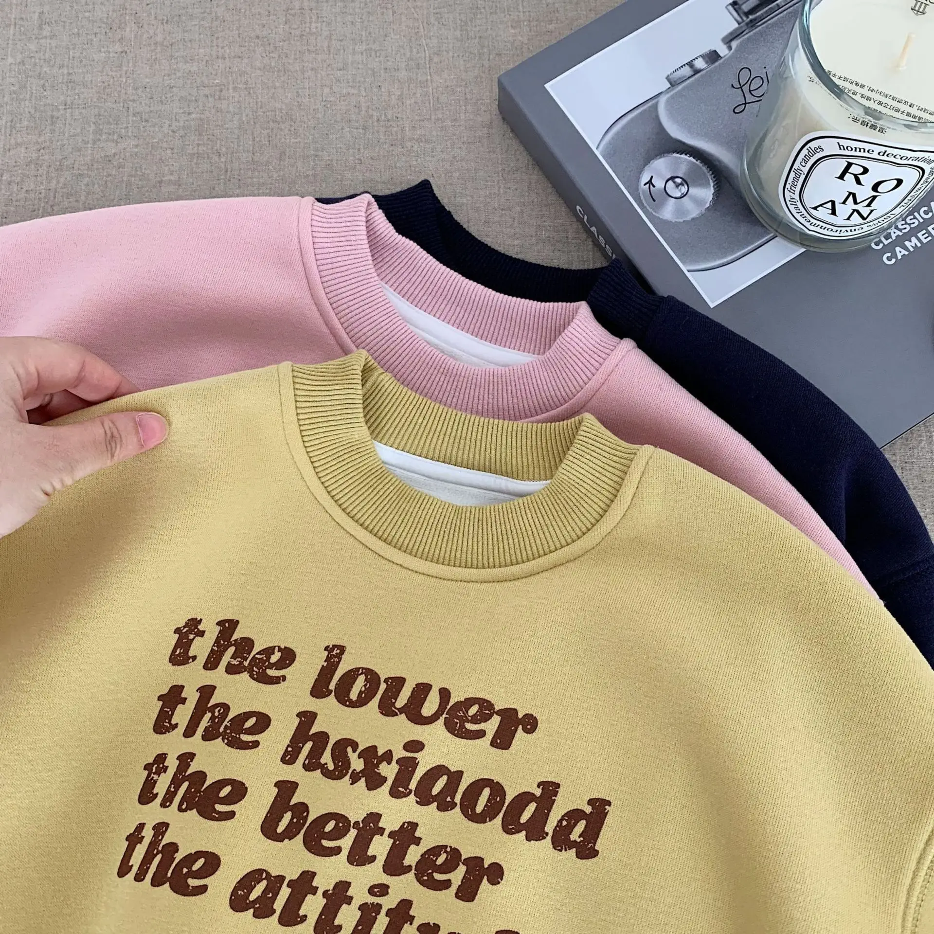 طفل بنين بنات دافئ عادية شتاء الخريف الأطفال أفضل 2-7Y الاطفال القطن صوف مبطن البلوز إلكتروني طباعة طاقم الرقبة البلوز #5