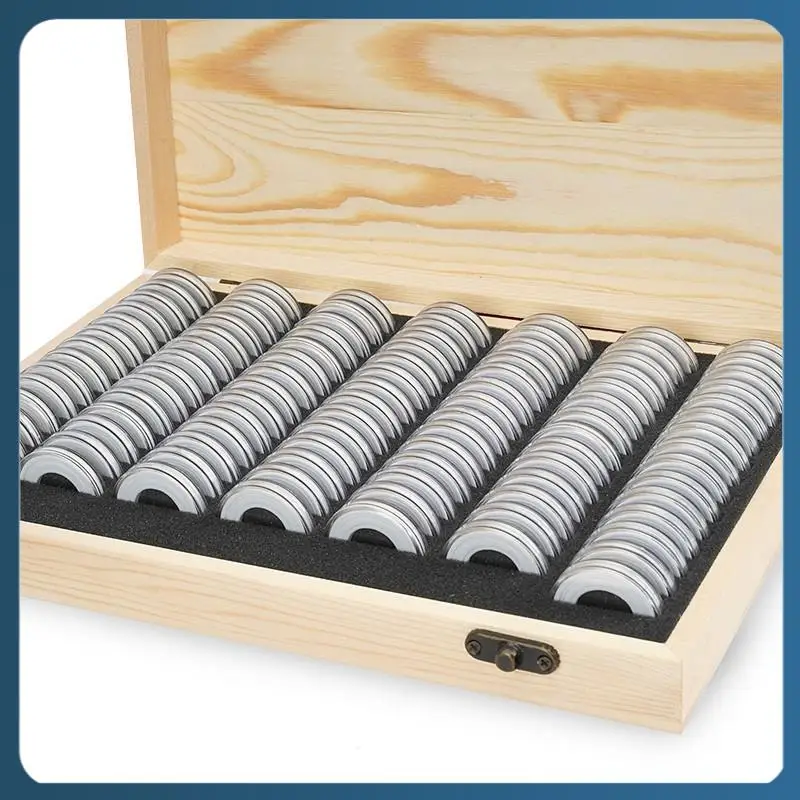 AB02 Wooden Coins Display Storage Box Case+100 Grids Round Slab For Certified Coin Handcrafted With Premium Pine Wood Durable An