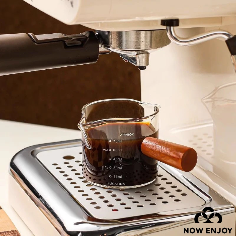 NOW ENJOY Wooden Handle Hand-brew Coffee Machine Single/double-mouth Glass Coffee Measuring Cup Precise Scale 75ML Reusable