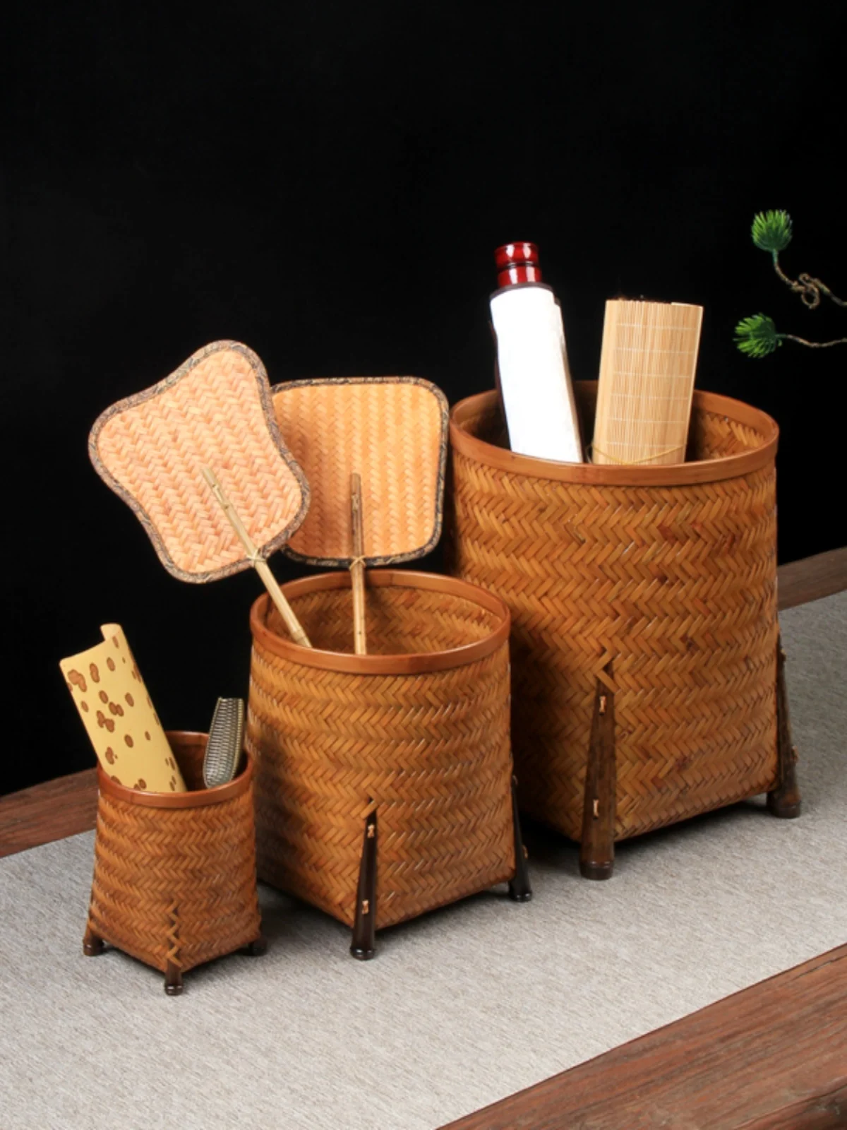 

Chinese Sle Bamboo Woven Tea Cylinder Six Gentlemen Tea Spoon Tea Needle Storage Buet Painting And Calliaphy Cylinder D...