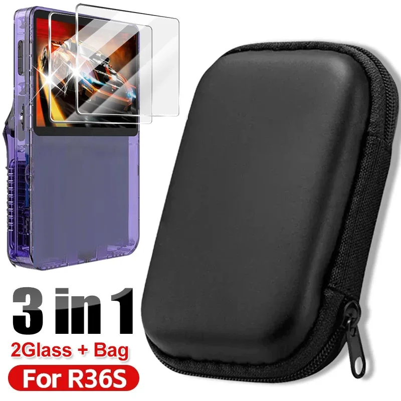 For R36S Game Console Storage Bag Tempered Glass Screen Films EVA Hard Portable Protective Case for R36S Anti-scratch Glass Film