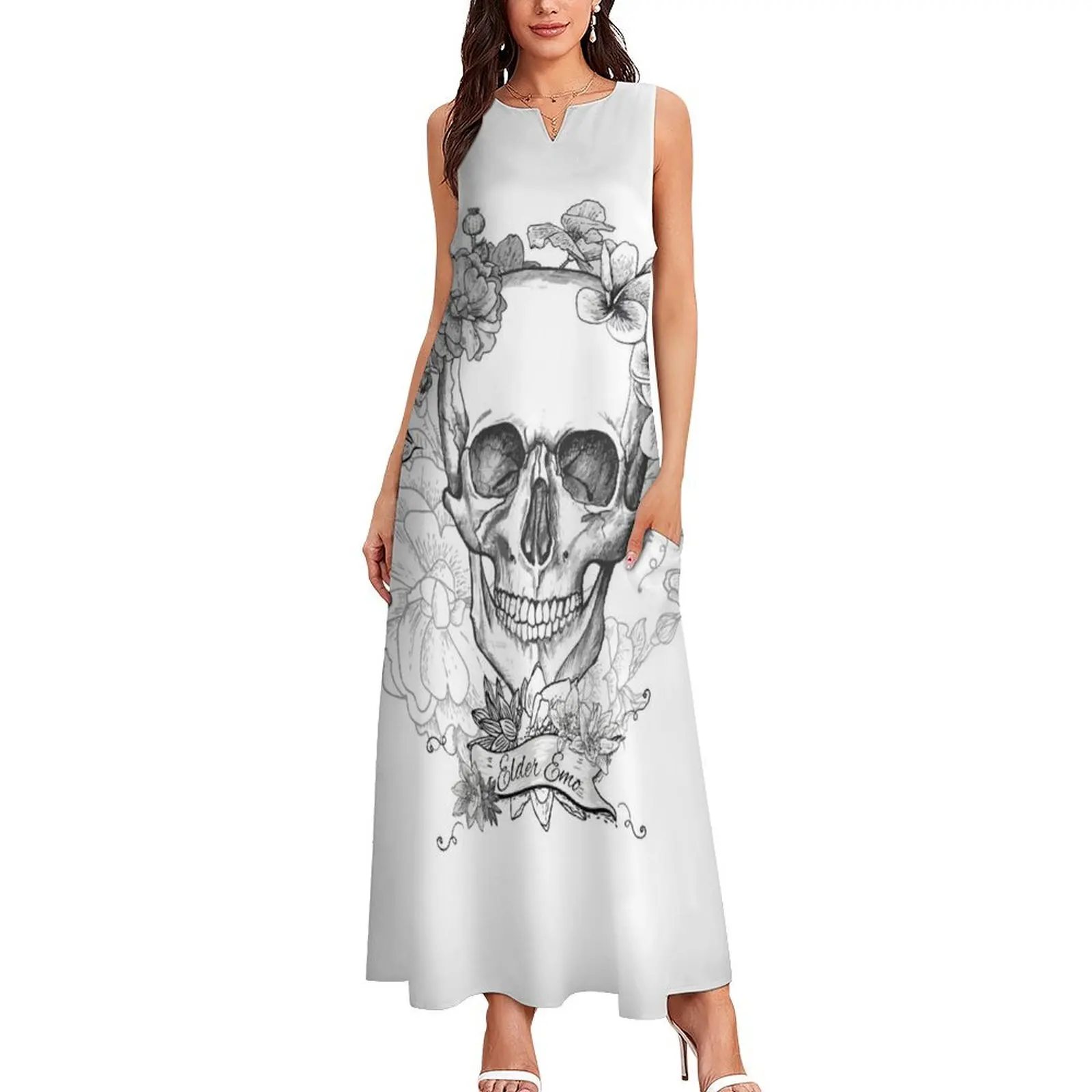 Elder Emo Skull and Flowers Long Dress beach dresses dress women elegant luxury women