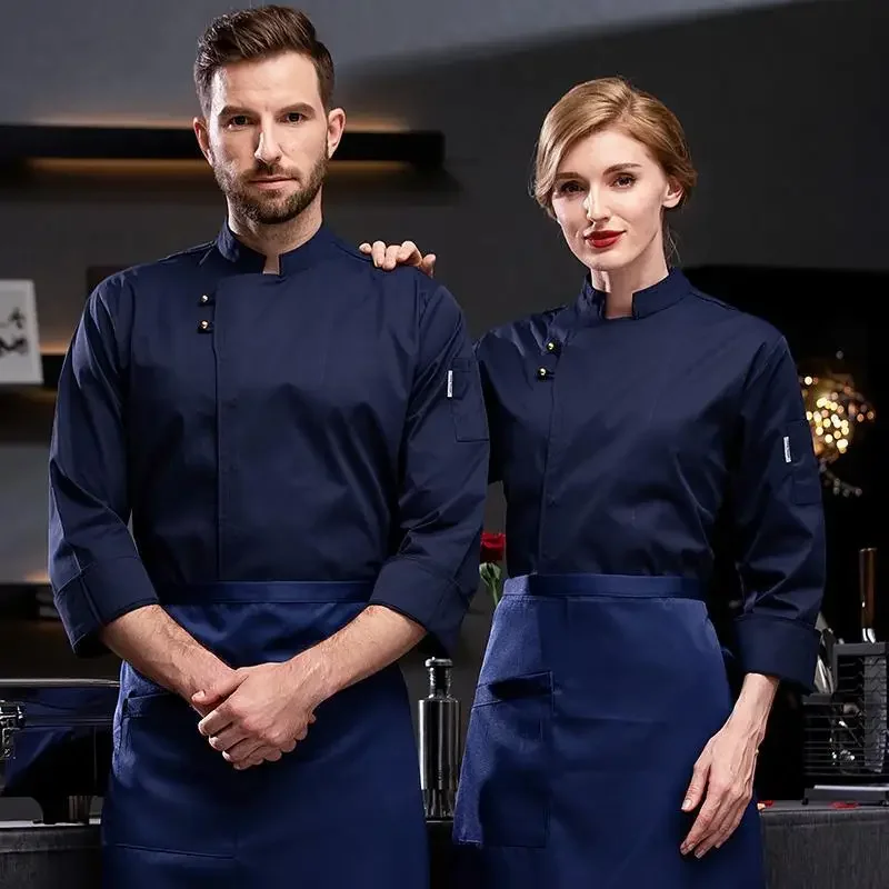 Roupa de trabalho masculina para cozinheiro chefe de manga curta, uniforme longo para restauração, cozinha e restaurante ocidental e ocidental