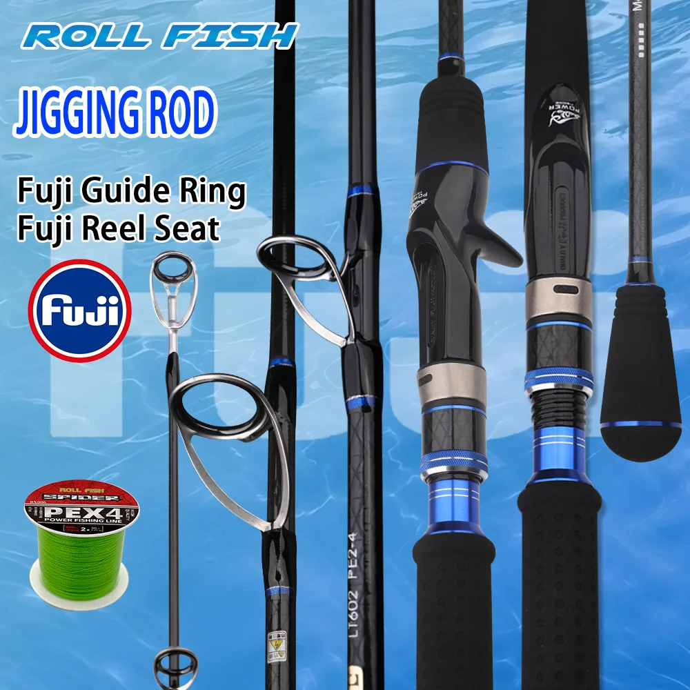 ROLLFISH Fast Jigging Rod Fuji Guides and Reel Seat Carbon Fiber Saltwater Fishing Rod for Deep Sea Tuna + 100m Fishing Line