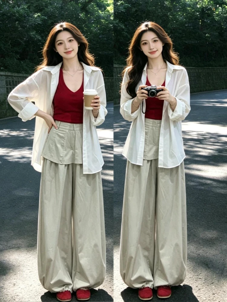 Summer New Arrival plus Size Fashion Set Red Sun Protection Shirt Wide Leg Pants Vest Three Piece Suit for Women High Waist