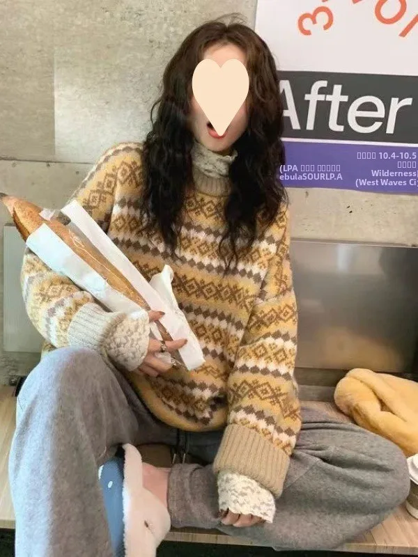 Damen-Sweatshirt mit Retro-Rautenmuster, lockerer langer Swe-Pullover, bequemes Strickoberteil für die Frühlingssaison, lässige Pendelkleidung