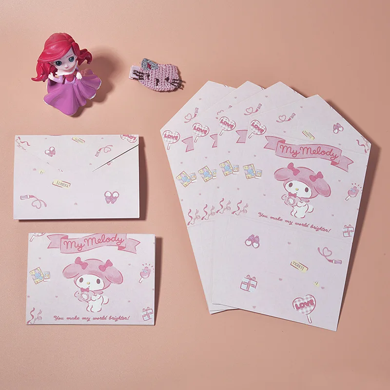 Tarjetas de Felicitación de dibujos animados Kawaii Sanrio Hello Kitty Cinnamoroll Kuromi, tarjetas de felicitación de cumpleaños plegables, regalo