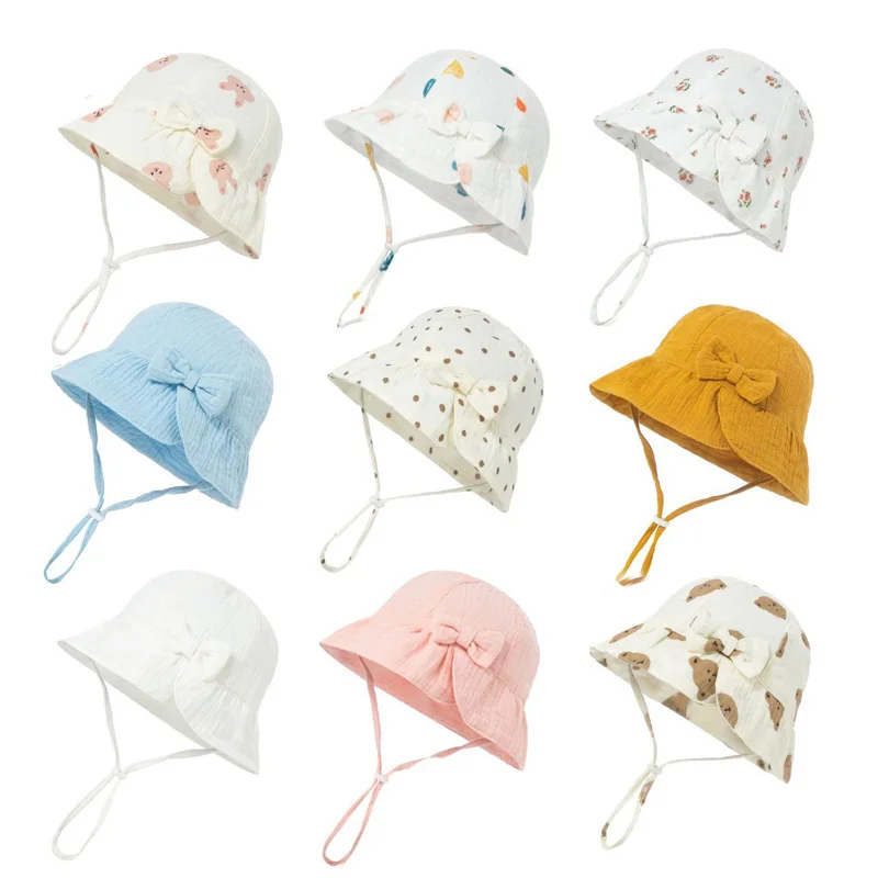 Muslin Baby Girl Hat Summer Beach Kids Sun Hats for Girls Boys Bow Sweet Infant Cap Toddler Bucket Hat Newborn Accessories 0-12M