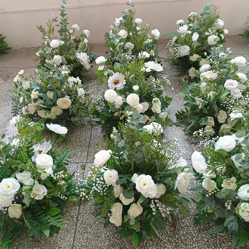 5D الأبيض الحدث الزفاف خلفية قوس Kt مجلس ديكور تشكيلة الأزهار النباتات الخضراء ورقة الورد Babysbreath الممر الطابق زهرة #4