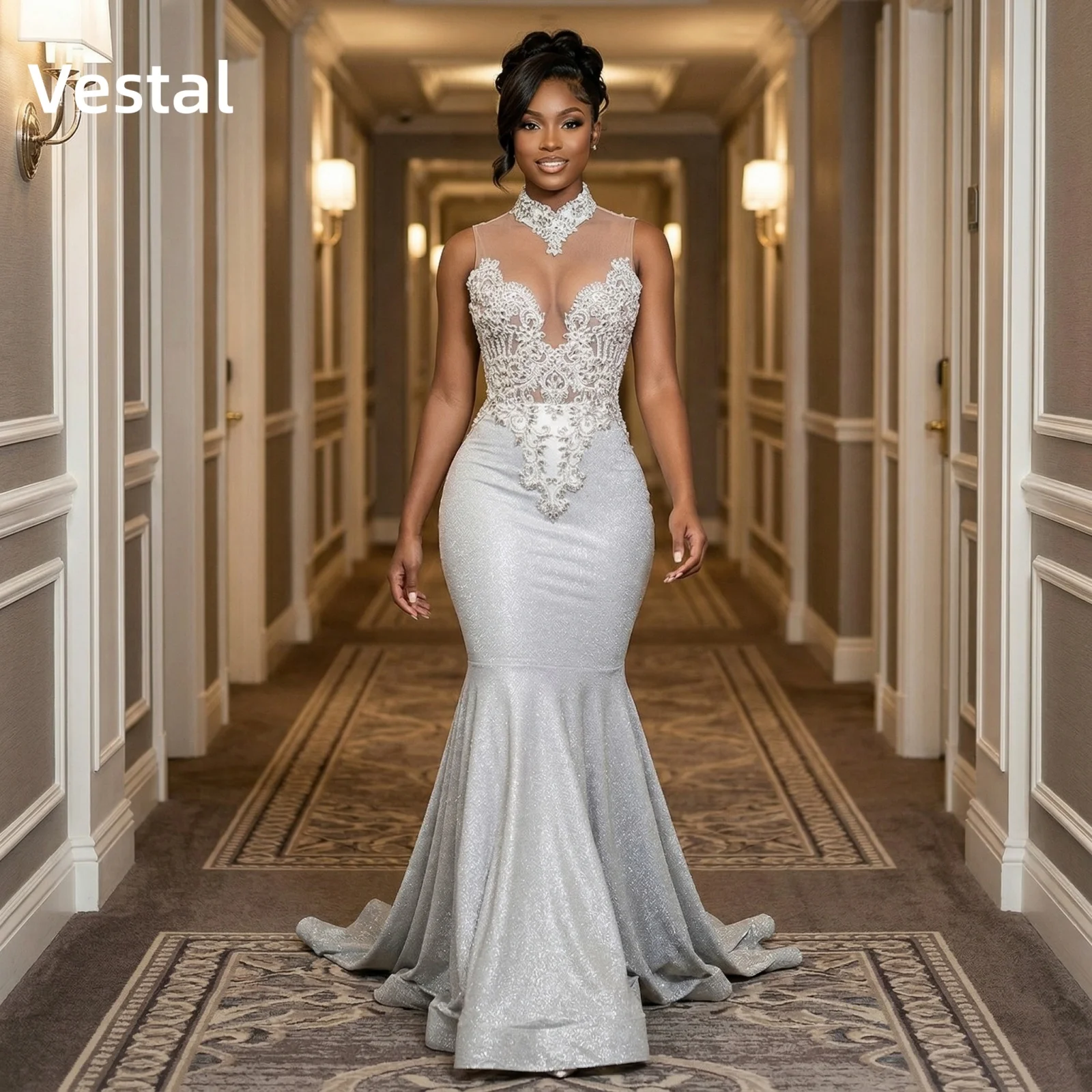 

Elegant High Neck Silver Lace Appliques Prom Dress Mermaid Evening Gown Customized