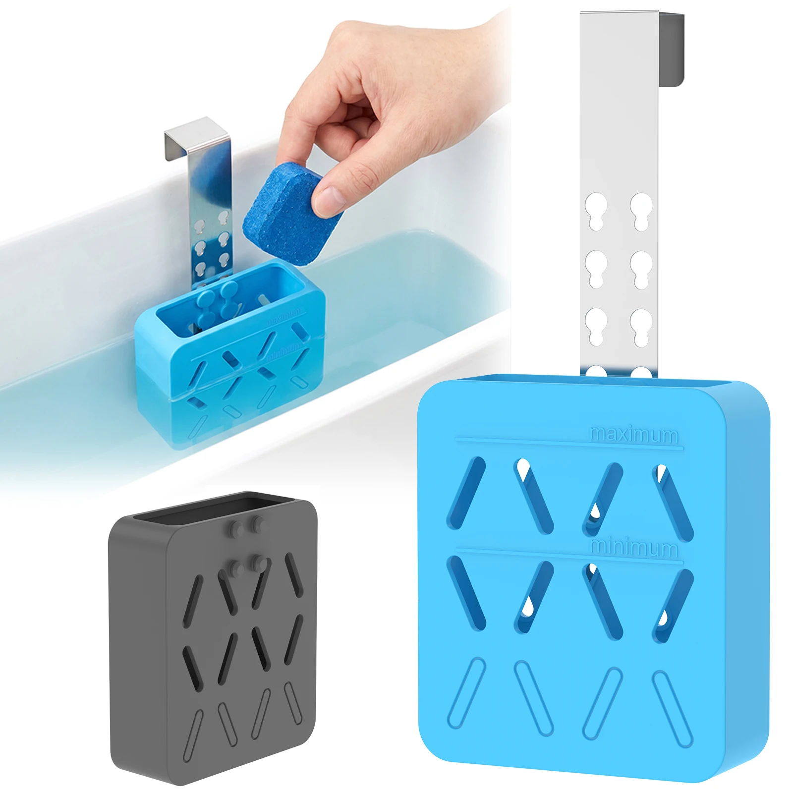 2Pcs Toilet Tank Cleaning Tablet Holder Adjustable Hanging Silicone Basket Carrier with Rust-Proof Hook for Toilet Tank Cleaner