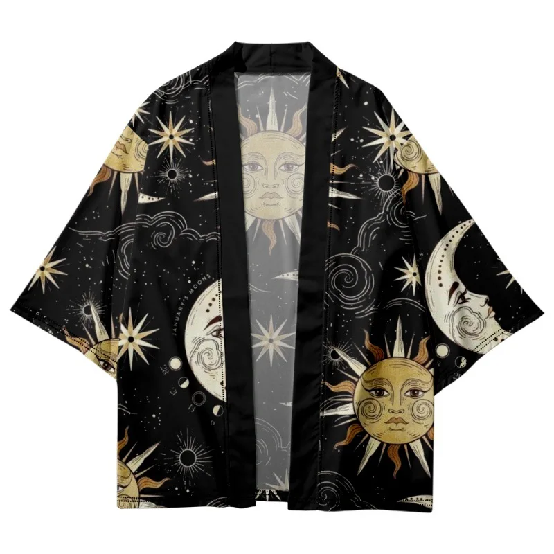 Loose Casual Cartoon Moon Sun Star Printed Kimono Beach Shorts Cardigan Couple Women Men Haori Yukata Streetwear