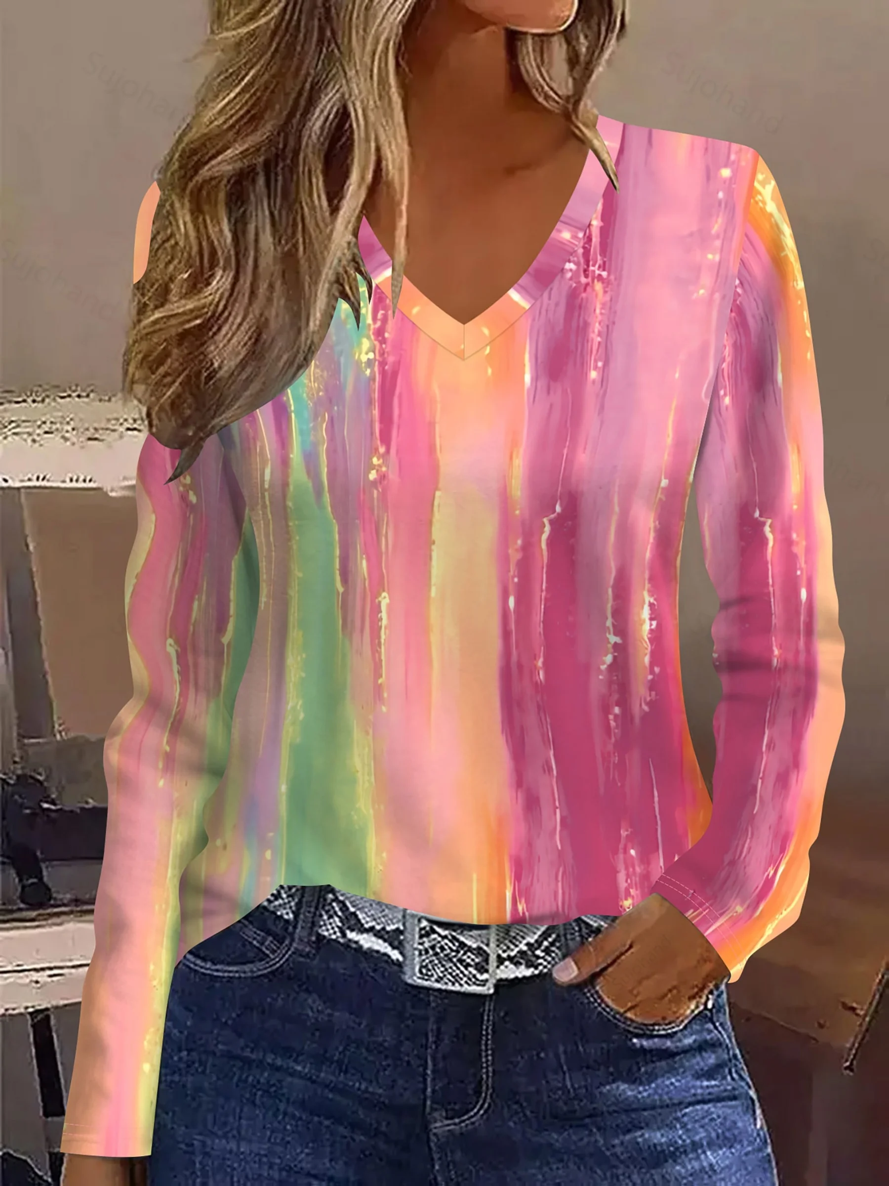 New Women V Neck Long Sleeve T-shirt Rainbow Watercolor Brush Stroke Street Print Casual Top Spring Autumn Ladies Daily Wear