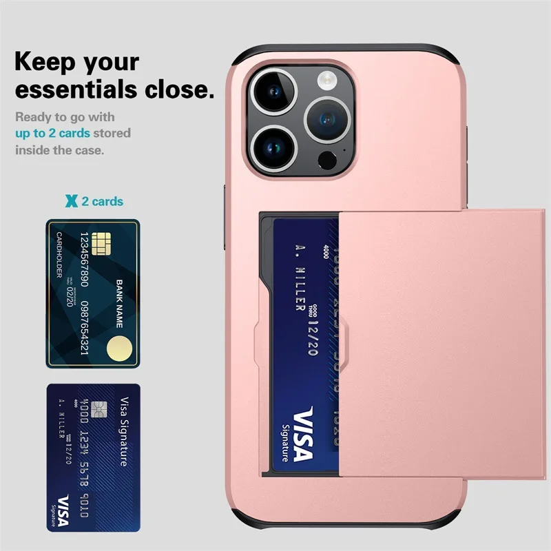 Slide Card Slot Phone Case For iPhone 15 Plus Pro Max 15+ 15Pro 15ProMax Shockproof Card Bag Back Cover Shell Capa image 2