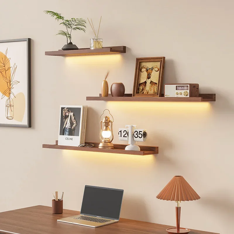 Solid wood luminous laminate shelf wall decorative rack TV cabinet sofa with lamp baffle storage display rack