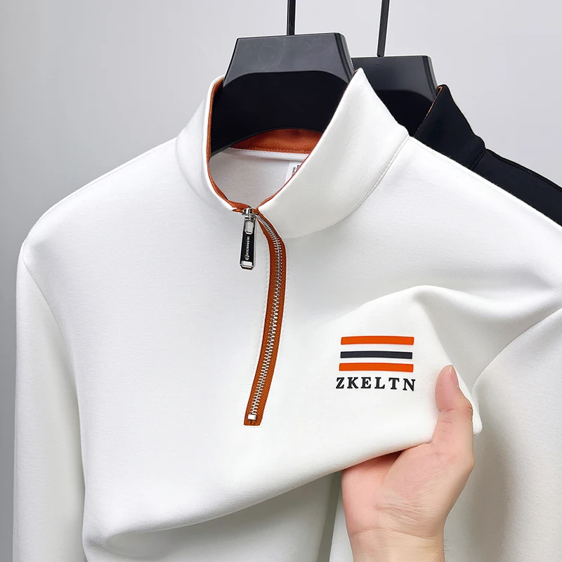

Brand Men's Long-Sleeved T-Shirt Stand Collar Fleece-Lined Thickened Half-Zip Exquisite Embroidery New Winter Leisure Men's Tops