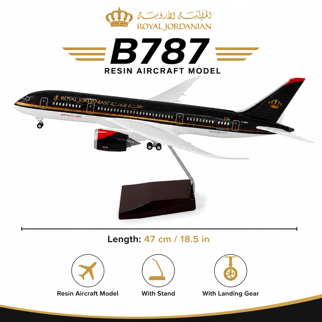 1:130 Scale Jet Aircraft Model B787 Jordan Airlines Jet 47cm Die-Cast Resin Model with Base and Landing Gear for Collecting